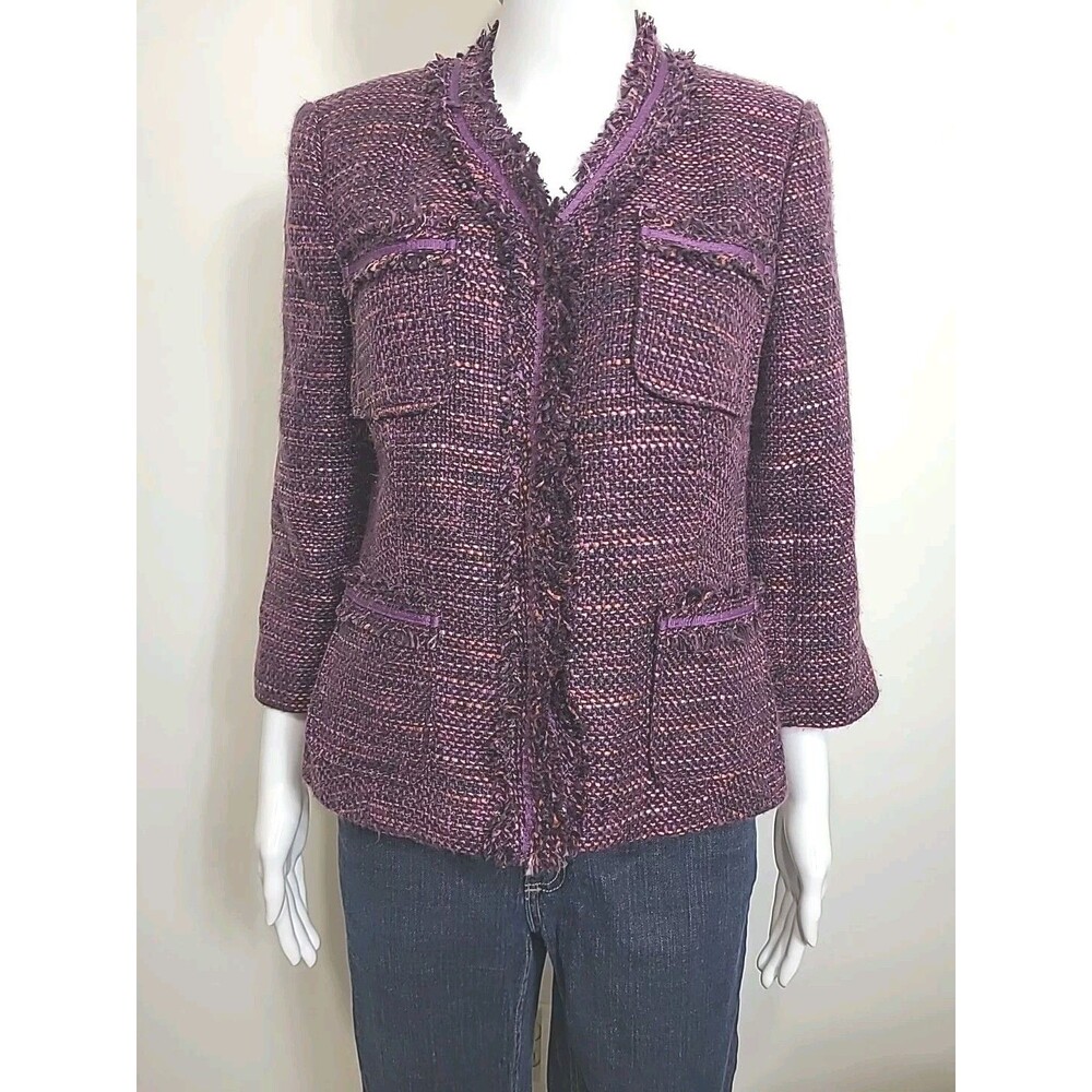Charter Club Tweed Blazer Womens Size Medium Burgundy Hidden Snap Closure Pocket